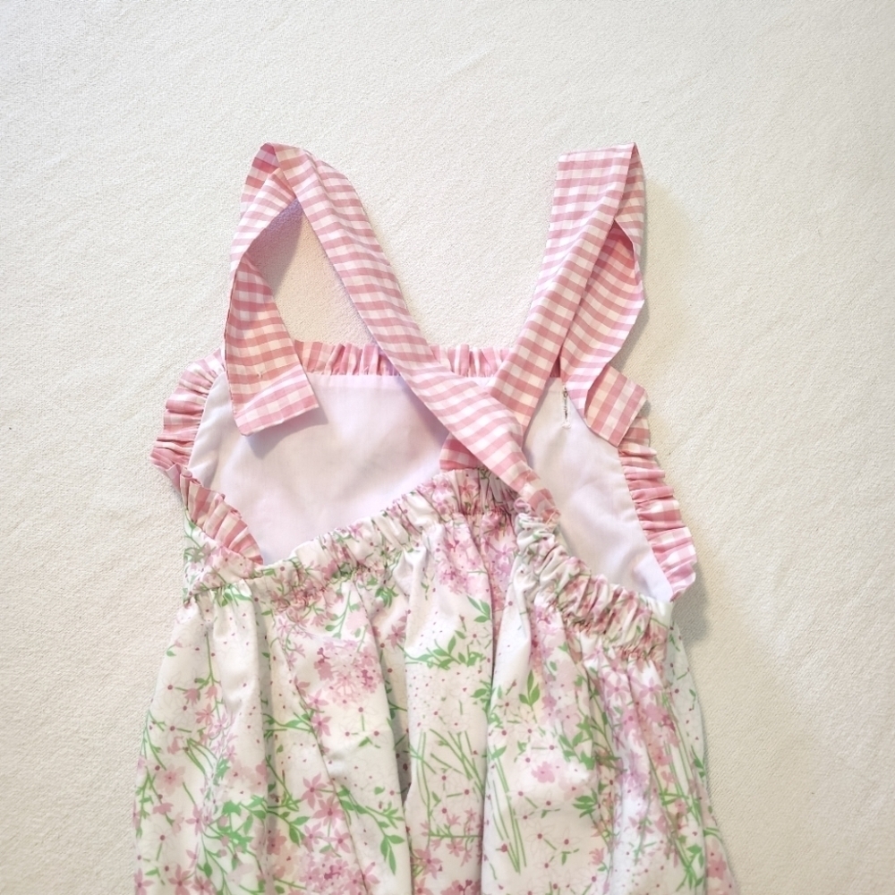 Classic Whimsy Pink Green Gingham Floral Dress Size 8 Preppy Pastel Ditsy Ruffle - Picture 4 of 9